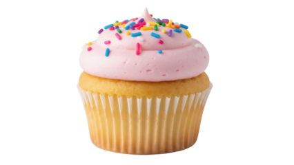 Isolated sweet cupcake with pink icing and colorful sprinkles, delicious baked good dessert