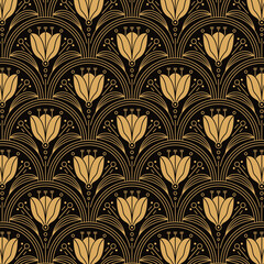 Elegant Art Deco Golden Floral Scallop Tile