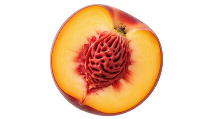 Isolated fruit half shows peach flesh and pit details for organic raw dessert themes