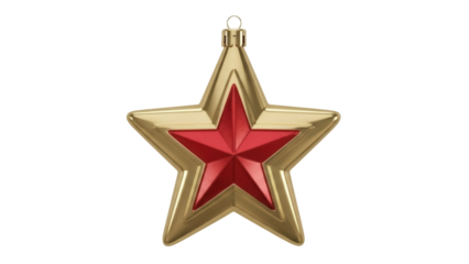 Isolated red and gold five-pointed star, shiny Christmas ornament, holiday decoration render