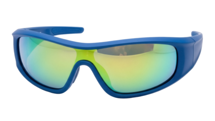Isolated pair of blue tinted sports goggles with iridescent lenses for cycling, running, or skiing