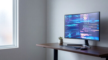 Contemporary Workspace with Computer Screen Showing Code and Data