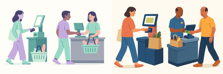 Grocery shopping experience featuring diverse shoppers and cashiers
