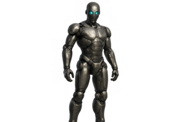 Humanoid robot standing upright, engineered with advanced artificial intelligence, featuring a metallic body and glowing blue eyes. Transparent background