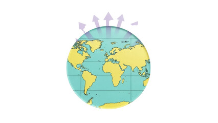 Isolated depiction of Earth globe showing continents and oceans with rising power graphics