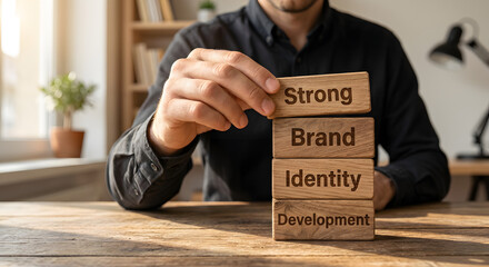 Businessman Arranging Wooden Blocks with Words Strong Brand Identity Development for Brand Building Concept