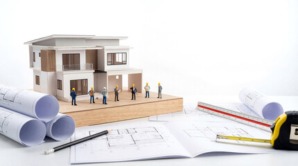 Architectural House Model with Miniature Construction Team and Building Plans