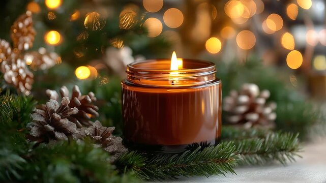Close-up of lit brown candle nestled in evergreen pine branches with pinecones, warm candlelight glow and soft bokeh lights in defocused background, festive holiday atmosphere, wit