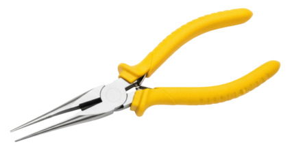 Isolated needle nose pliers with yellow handles, a common hand tool used for precision tasks