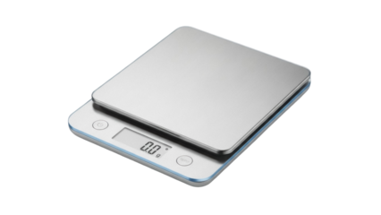 Isolated digital kitchen scale for weighing food, measures in grams, stainless steel