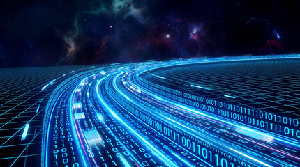 Futuristic Digital Data Stream with Binary Code in Cyberspace and Starry Background