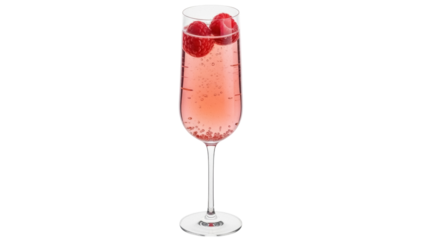 Isolated glass flute of pink champagne with raspberries cocktail drink celebration bubbly