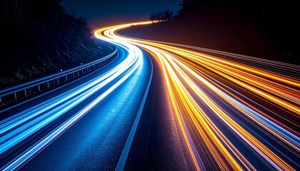 Colorful light trails curve through night highway, capturing motion, speed, and time in vivid streaks.