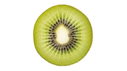 Isolated cross section of kiwi fruit showing seeds and juicy green pulp on a clean surface