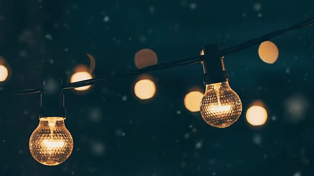Close up of glowing warm light bulbs hanging on string lights in night atmosphere