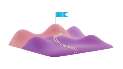 Isolated mountain peaks with winding path and blue flag, 3D render illustration