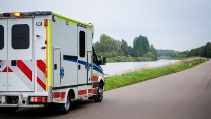 ambulance near riverbank turning on countryside road with open green landscape