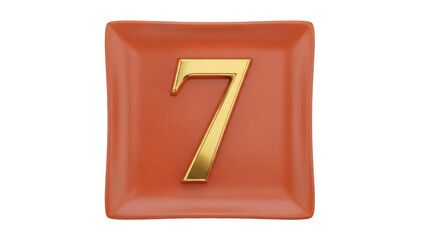 Isolated orange square tile with gold number 7, numeral seven, ordinal number or position