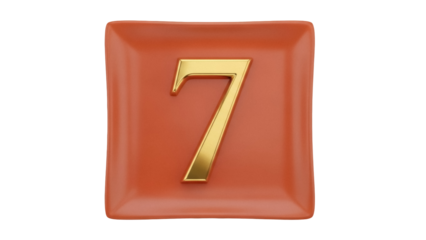 Isolated orange square tile with gold number 7, numeral seven, ordinal number or position