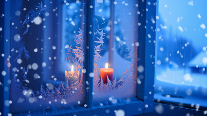 A glowing candle flame provides warmth and light on a cold winter night viewed through a window covered in falling snow Second Day of Advent