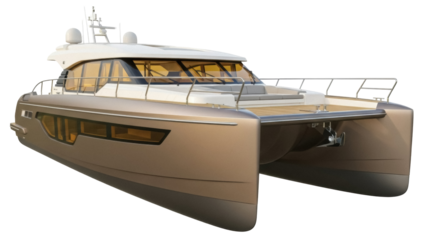 Isolated catamaran yacht on display, luxury boat cruising on water, motorboat sailing, view