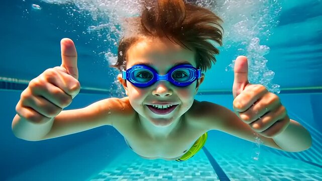 Happy Young Boy Swims Underwater in Pool Giving Thumbs Up.
