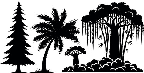 Silhouette black tropical palm pine baobab trees cluster in flat vector art style landscape design illustration