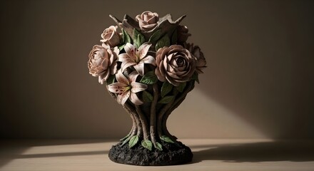 Beautiful bouquet of flowers in glass vase on the dark background