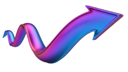 Isolated iridescent arrow symbol trending upward, representing growth and success