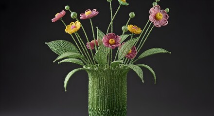 Beautiful bouquet of flowers in glass vase on the dark background