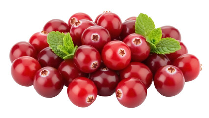 Isolated pile of cranberries and mint, fresh and ripe, with a bright red color and firm texture