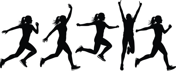 Black Running Woman Silhouette Vector Set Featuring Female Athletes Sprinting Jumping and Celebrating for Fitness Sports Training Healthy Lifestyle Exercise Graphics