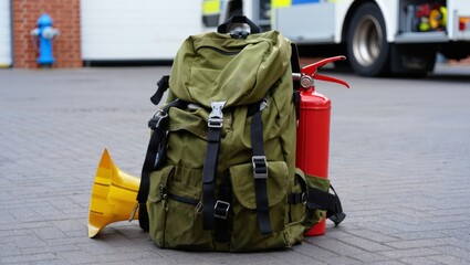 first responder backpack with helmet and cone props on pavement in daylight preparedness concept