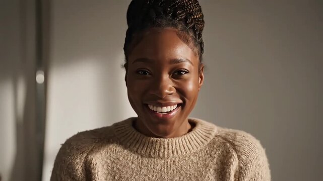 a woman's expression looks sad at first then smiles happily