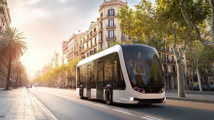 Obraz premium Sleek, modern electric bus glides on a sunlit urban street lined with classic buildings and trees. A vision of sustainable city transport.