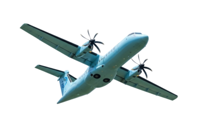 Isolated turboprop airplane in flight, light blue passenger plane aerial view, prop plane flying