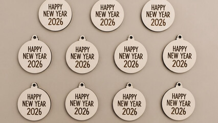 Wooden Happy New Year 2026 ornaments on beige background