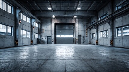 Obraz premium An expansive concrete warehouse interior with large doors and windows, providing ample space and natural light for storage and operations, ready for logistics.