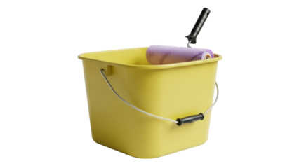Isolated painting set with roller in a bucket ready for housework, decorating, or renovation