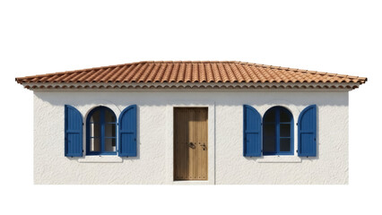 Isolated Mediterranean house facade with tiled roof, door, and windows with open shutters