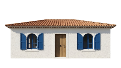 Isolated Mediterranean house facade with tiled roof, door, and windows with open shutters