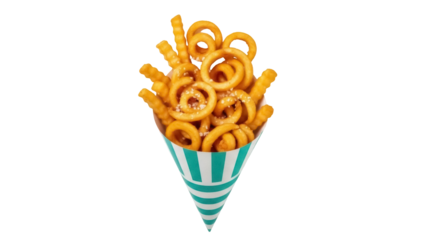 Isolated cone of crispy salty curly fries with ridges for side dish or snack food meal