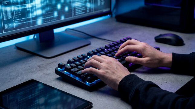 Programmer Hands Typing on Illuminated Keyboard with Code Displayed on Monitor - Powered by Adobe