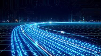 High-Speed Digital Data Flow on a Futuristic Cyber Road with City Skyline