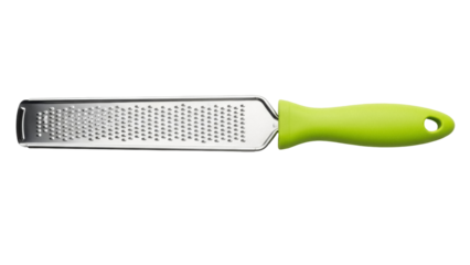 Isolated grater with a green handle for fine grating of cheese, vegetables, herbs, and garlic