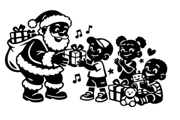 Naklejka premium Black and white illustration of a black Santa Claus giving presents to children.