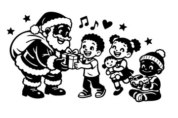 Naklejka premium Black and white illustration of a black Santa Claus giving presents to children.