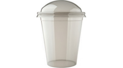 Clear plastic disposable cup with a domed lid isolated against a black background perfect for showcasing cold beverages or desserts