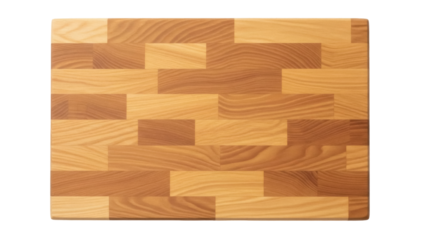 Isolated butcher block made of wood in alternating shades, flat lay, minimal style, clean cut