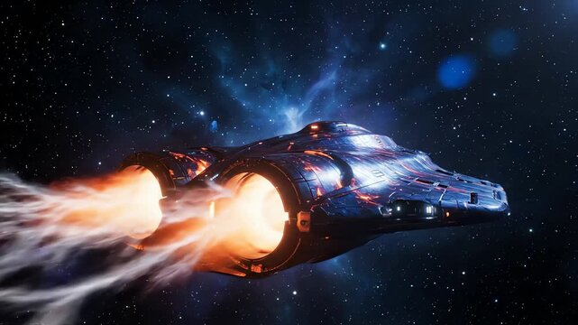 Futuristic spaceship accelerating through a vibrant nebula and starry cosmos with fiery engines.